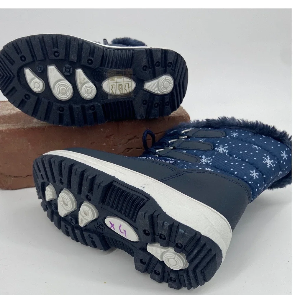 Apakowa Kids Navy Blue Snowflake Winter Snow Boots Faux Fur Lined Waterproof Lug